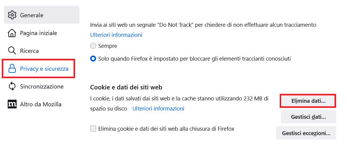 Cancellare cache con mozzilla firefox